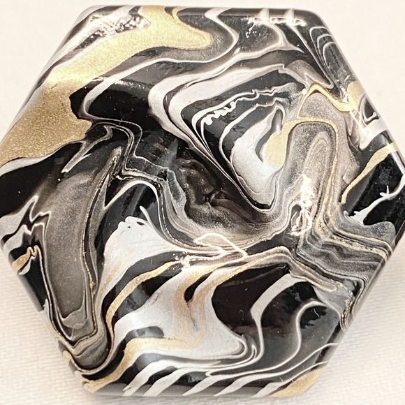 Pentagon Button Earrings Celluloid Acetate 3D Gold Black White Swirl Studs - Picture 4 of 7